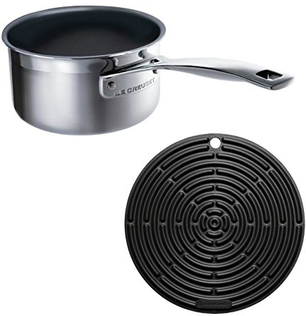 Le Creuset 3-Ply Stainless Steel Non-Stick Milk Pan, 14 cm and Silicone Cool Tool, Black