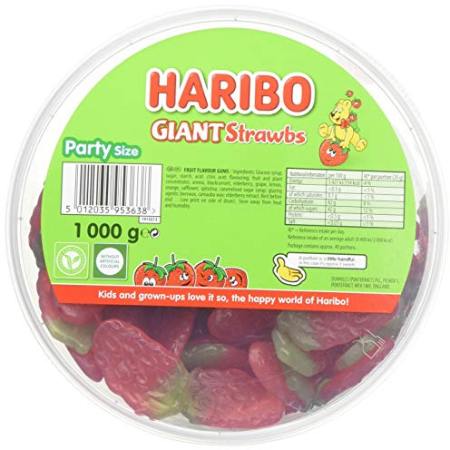 Haribo Giant Strawbs Strawberry Bulk Sweets, 4kg (4 x 1kg tubs)