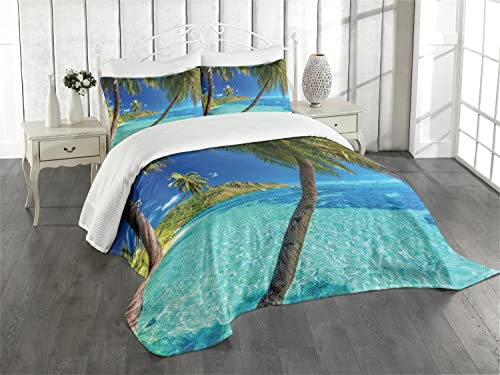 ABAKUHAUS Ozean Tagesdecke Set, Palmen, Meer, Strand, Set mit Kissenbezügen Klare Farben, für Doppelbetten 264 x 220 cm, Türkisblauen