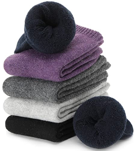 PROETRADE Merino Wool Thermal Socks for Womens Walking Winter Warm Thick Cosy Gift Stocking Fillers Women Boot Crew Comfy Ladies Hiking Work Socks 5 Pack (Solid Color B)