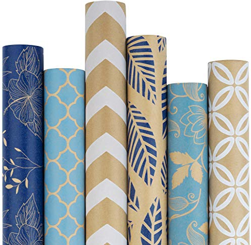 RUSPEPA Kraftpapier-Geschenkpapierrolle - Mehrere Blaue Und Weiße Muster - Ideal Für Glückwünsche, Feiertage, Chanukka-Geschenke Und Besondere Anlässe - 6 Rollen - 76 X 305 cm Pro Rolle