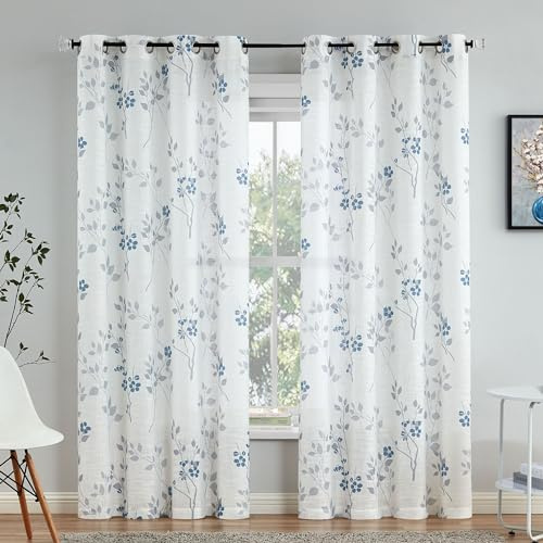 Beauoop Halbdurchsichtige Vorhänge mit Blumenmuster, 213 cm Länge, für Wohnzimmer, Schlafzimmer, Bauernhaus, botanisches Blatt, Bedruckt, rustikale Leinenstruktur, 132 cm breit, blau/grau