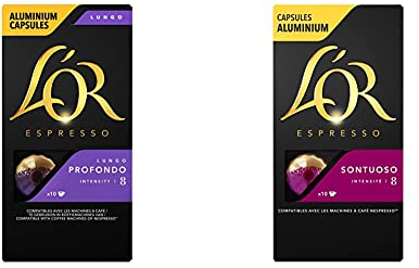 L'Or Espresso Café - 100 Capsules Lungo Profondo Intensité 8 - compatibles Nespresso®* (lot de 10 x 10) & Espresso Café - 100 capsules Sontuoso Intensité 8 - compatibles Nespresso®* (lot de 10 x 10)