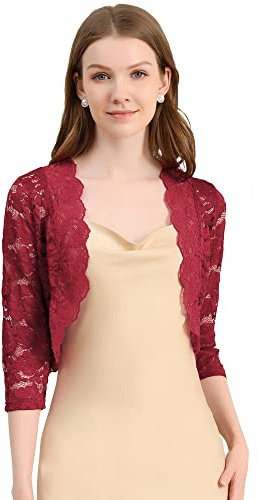 Allegra K Women's Elegant 3/4 Sleeve Sheer Floral Lace Shrug Top | Open Front, Lightweight, Semi Bolero Shrug Cardigan, Cover Up for Dress