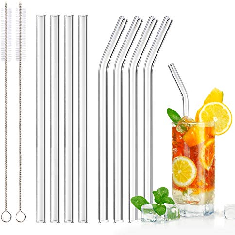 HXC Glasstrohhalme Wiederverwendbar Glas Strohhalme 4 Glasstrohalme Gebogen und 4 Glasstrohalme Geraden mit 2 Bürsten Transparente Trohhalme Zum Saft, Cocktail