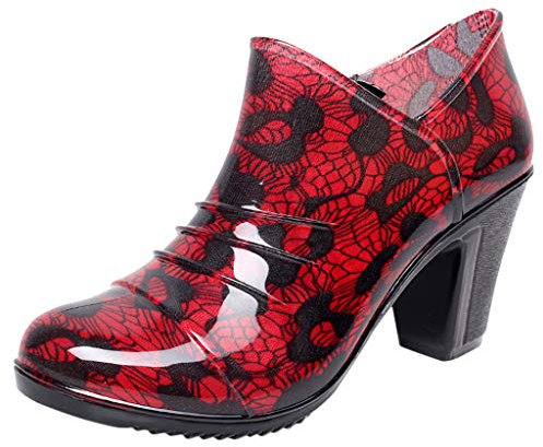NOAGENJT Stivaletti Bassi Rosso Stivali da pioggia da donna Pompe Tacco spesso Stivali da pioggia a tubo corto Scarpe da acqua impermeabili Stivali Pioggia Impermeabili