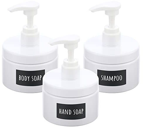 Segbeauty Dispenser Sapone, 3 Pezzi 300ml Dispenser Shampoo e Bagnoschiuma, Bottiglie Vuote con Pompa e Etichetta Impermeabile, Flacone Ricaricabile per Bagno e Cucina, Bianco