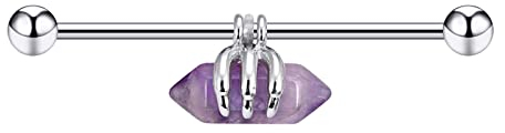 Longbeauty 14G Industrial Piercing Schmuck Edelstahl Barbell 38mm Lange Bar mit Opal/Stein Knorpelohrring Helix Barbell für Damen Herren, 1 Pcs, Lila