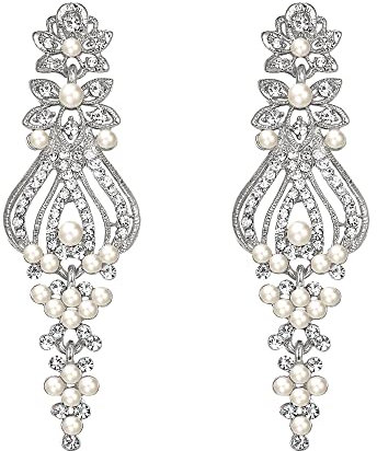 Clearine Elegante Simulierte Perle Strass Cluster Vintage Kronleuchter lange Ohrringe für Damen Party Prom Klar Silber Ton