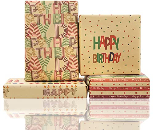 Geburtstags Geschenkpapier fürKinder, Mädchen, Frauen, Erwachsene, Jungen, Männer, 8 Blätter Kraft-Geschenkpapier 50 x 70 cm pro Blatt, 4 Designs Geburtstagspapier für Geburtstag