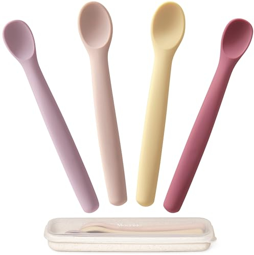 Moonkie Cuillere Bebe, Lot de 4 Cuilleres en Silicone, Cuillere Bebe Apprentissage, Cuillère Souple pour 1er Phase du Bébé, Cuillère Bébé d'Entraînement, Idéal pour Auto-Alimentation et Sevrage Guidé
