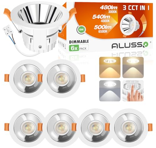 ALUSSO LIGHTING LED Einbaustrahler 230V, 6W 540lm Ø75-80mm Einbauspot mit Abnehmbar LED Modul, Dimmbar 3CCT Warmweiß Naturweiß Kaltweiß, Blendfrei für Küche, Silber Weiß Einbaurahmen Modern, 6er