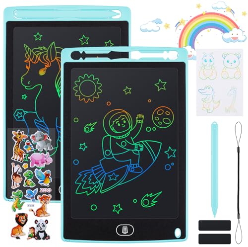 Damcyer 2 PCS Tableta de Escritura LCD 8,5 Pulgadas,Tablero de Dibujo Electrónico con Pantalla Colorida,Cuaderno Borrable con Pegatinas de Animales, para Niños y Niñas de 3 4 5 6 Años,Azul + Azul