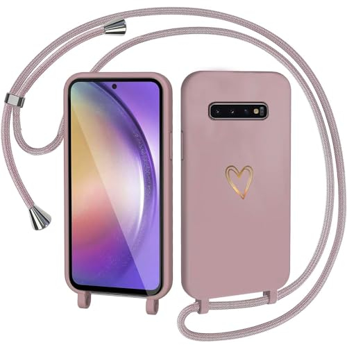 CaseLover Handyband für Samsung Galaxy S10 Hülle mit Band, Herz Muster Silikon Necklace Handyhülle mit Abnehmbar Kordel zum Umhängen Stossfest Bumper Handy Schutzhülle für Galaxy S10 6.1, Pink