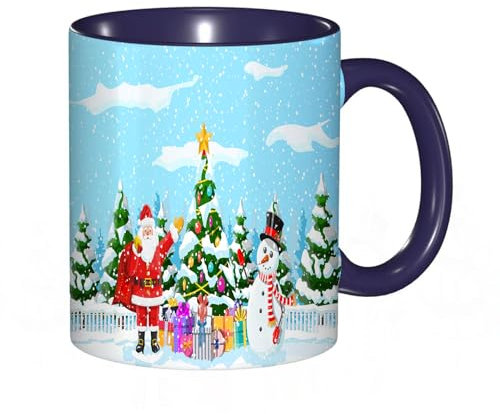 Coffee Mug Funny Mug,Christmas Background. Christmas Tree Garlands Balls Gift Boxes Santa and Snowman. Winter Landscape fir Trees Fore,Navy Blue Mug Cup Gift Birthday Work Office Christmas Tea Coffee