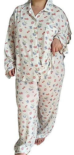 Damen 2 Stück Pyjama Set Cute Fruit Floral Printed Shirt Pant Sets Holiday Loungewear Nightwear (A Cherry, S)