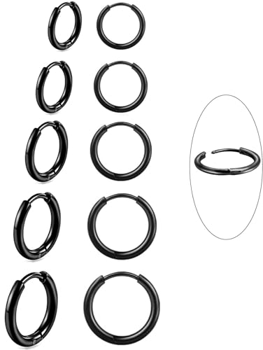5 Paar Ohrringe Creolen für Damen Herren, 316L Chirurgenstahl Ohrringe, Creolen Schwarz, Hypoallergene Helix Ohrring, 8/10/12/14/16MM