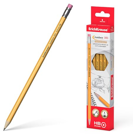 Erich Krause Bleistifte HB mit Radiergummi Gelb 12 Stück - Graphitstift für Büro Schule und Hobby