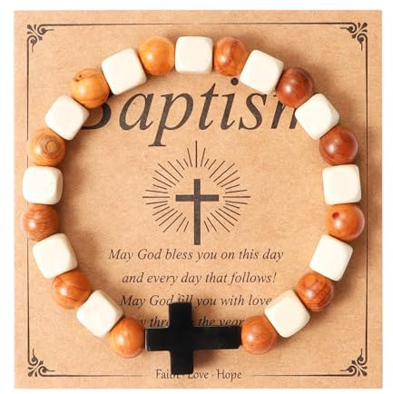 Eigso 8 mm Natural White Sequoia Mala Beaded Wood Link Bracelet for Men Women Stainless Steel Christian Cross Wristband Gift for Man Woman