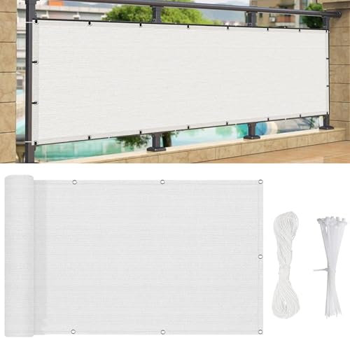Balkon Sichtschutz mit Ösen 300 x 30 cm HDPE Uv-Schutz Windschutz, Blickdichte Balkonbespannung, mit Kabelbinder Und Kordel, für Hofmauer Terrasse, Weiß