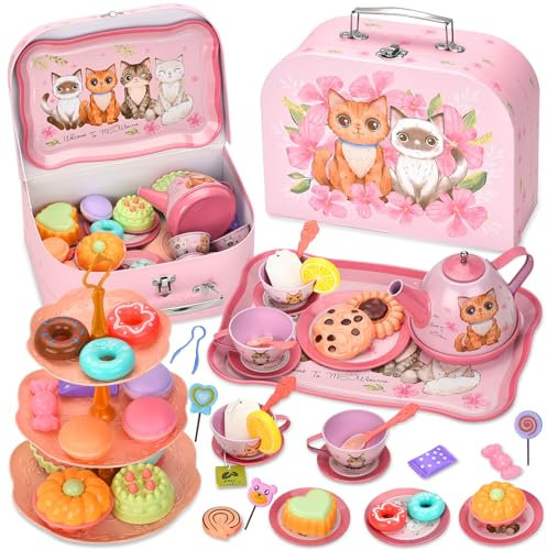 TOSUTO 54Pcs Juego de té para niños,Juego de té para niñas pequeñas,Juego de té Infantil con Postre Juguete,para Fiestas del té y Juegos de simulación de Cocina,Regalo para niñas 3 4 5 6+ años