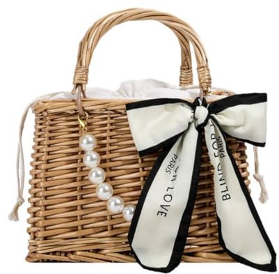 Bolso de mano de paja tejido para mujer, mini cesta de perlas, bolso de viaje para boda, uso diario, vacaciones, B