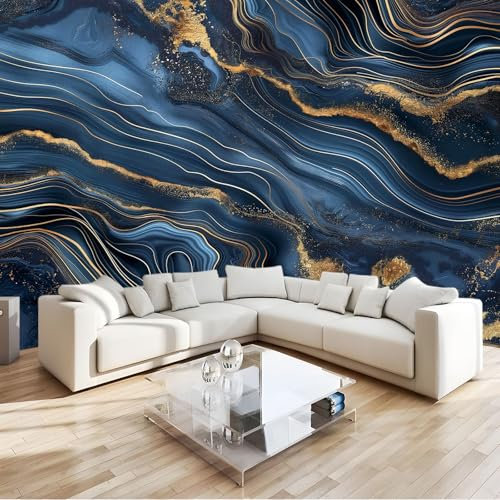 Bleu Marine Papier Peint 3D Panoramique Texture D'Or En Marbre Intissé Peinture Murale Décor Mural, Pour Salon Chambre Tv Fond Murale Décoration 350 X 256 Cm