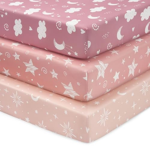 FIEMOL Drap Housse 70 x 140 cm, Lot de 3 Microfibre Ultra Douce et Lisse Élastique sur Tout Le Tour - pour Matelas de Lit Bébé et Lit Enfant, Étoiles Roses