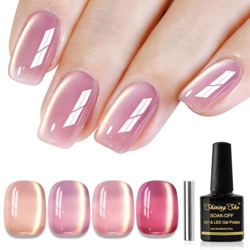 Shining She Cat Eyes Ongles Semi Permanent, 4 Couleurs Nude Rose Rosa Moonlight Crystal MagnéTique Semi-Permanent, Jelly Glass Vernis à Ongles Soak Off UV/LED pour Salon Diy Home, 8 ML