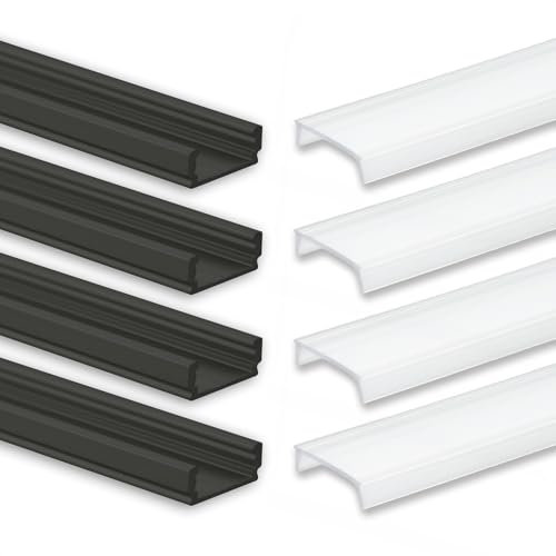 INNOVATE 4 x 2 m LED Schiene - Aluminium Profil - Aluprofil für LED Stripes/Streifen - LED Kanal - ALU Leiste - 2000mm x 17mm x 7mm (Alu Profil schwarz inkl. milchiger Abdeckung für LED Stripe)