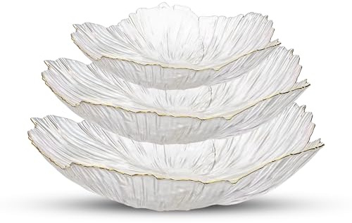 3 pcs Transparent Glass Bowl with Gold Rim Luxury Floral Design Salad Fruit Serving Bowls Decorative Glass for Wedding, Party & Dining Table (Transparent with Gold Rim)