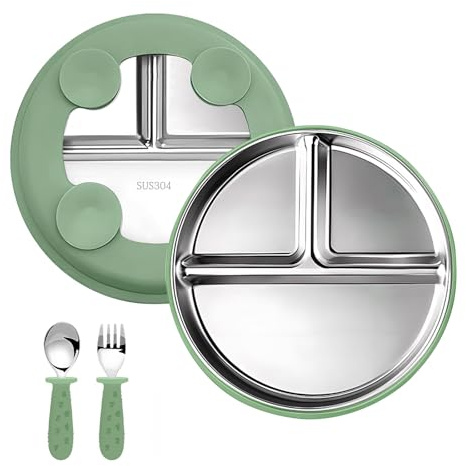 Set di Stoviglie, Piatto Svezzamento, Piatti per bambini, Cucchiai e Forchette per Bambini, Set di Posate in Silicone e Acciaio Inox per Bambini Piatti in Acciaio Inossidabile con Ventosa (Verde)