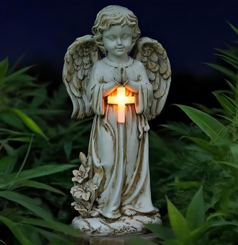 Solar Gartendeko Engel Garten Figuren, Solar Engel Gartenstatue, LED-Schutzengel-Figur, Fairy Gartenstatuen Wasserdicht Engelskulptur Licht für Herbstdeko Hof, Friedhof, Fensterbank,Terrasse, 31cm