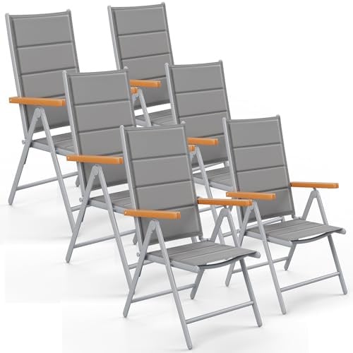 LIFERUN Gartenstühl Hochlehner Klappbar, 6er Set Aluminium Balkonstuhl, WPC Armlehnen, mit Gesteppte Rückenlehne & Sitzfläche,7-Fach Verstellbar,Bis 120 kg, Outdoor Esszimmerstuhl, Silbergrau, 6 PCS