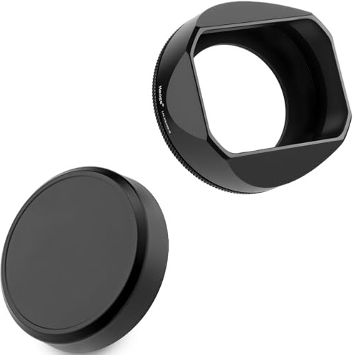 Haoge Metalllische quadratische Objektivblende for Fujifilm X-E5 & XF 23mm f2.8 Set Fujinon XF27mmF2.8 R WR Objektive 39mm Schraubbar Hood Black,with Metallldeckel, on XE5 Kamerakörper Kit