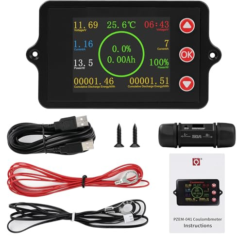Monitor de Batería DC8-100V Comprobador de Baterias Pantalla a Color Battery Monitor Corriente/Tensión/Potencia/Capacidad restante/Conteo de ciclos Derivador de Cobre-manganeso 50A + USB 2 m
