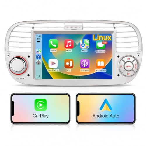 RIDEOY wireless carplay per Fiat 500 2007-2015,Schermo IPS da 7,Stereo Fiat 500 supporta Android auto e Mirrorlink,Bluetooth,Microfono,AM USB,DSP FM RDS SWC originale (white)
