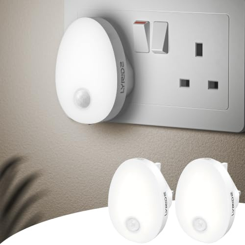 Lyridz Motion Sensor Night Lights, 2 Pack Night Light Plug in Wall with Auto/On/Off Mode, 6500K White Led Night Light Adjustable Brightness for Hallways, Stairs, Bedrooms, Kids, Kitchen, Adult