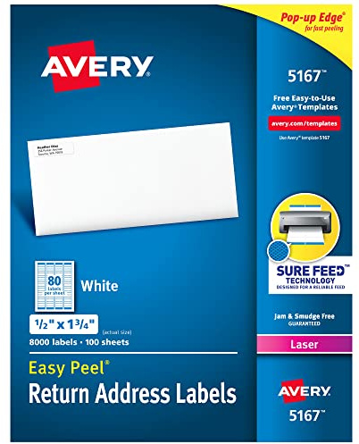 Avery Adress-Etiketten mit Sure Feed für Laserdrucker, 1,3 x 4,4 cm, 8.000 Etiketten, permanent klebend (5167)