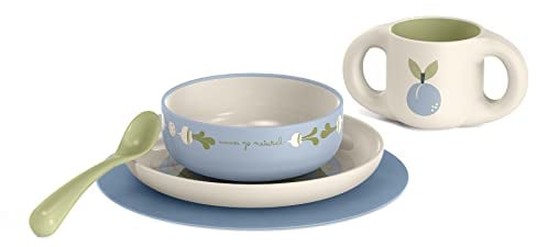 Suavinex, Vajilla Infantil de Aprendizaje para Bebés +6 Meses, Irrompible, Apta Para Lavavajillas y Microondas. Incluye: Taza + Plato + Bol + Mantel Antideslizante + Cuchara. Blanco Verde