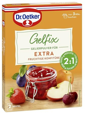 Dr. Oetker Gelfix Extra 2:1, 8 x 50 g (2 Beutel je 25 g), Gelierpulver für extra fruchtige Konfitüre, traditionelles Geliermittel, Konfitüren, Marmeladen & Gelees selber machen, für 2 Teile Frucht und 1 Teil Zucker, vegan