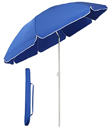 Sekey® 1.6m Beach Umbrella with Cover, Portable Tilting Garden Parasol Umbrella, Small Parasol for Beach/Pool/Patio, Round Sunscreen UV20+ Blue
