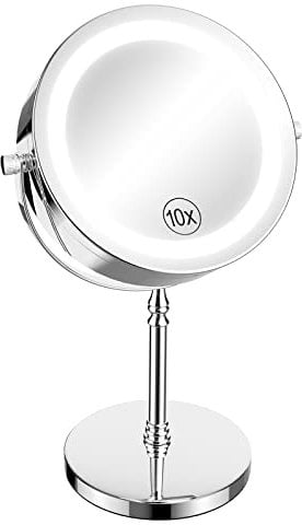 TEHEO Vanity Mirror with Lights 10x Magnifying Makeup Mirror LED Light up Mirror Round 360° Rotation for Bathroom Dressing Table Desk Bedroom - Free Standing Battery Operated