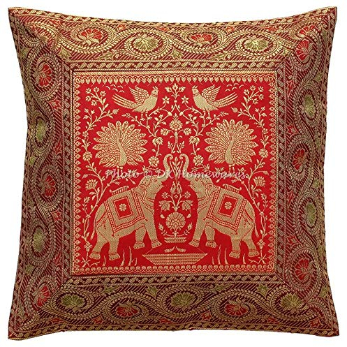 DK Homewares Indisch Couch Kissenbezug 40x40 cm Rost Brokat Jacquard Weben Kissenbezüge Couchkissen Reißverschluss Elefant Quadrat Kissenhülle Tiermotiv - 1 Stück (nur Bezug)