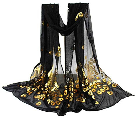 YEBIRAL Damen Schal Ganzjährig Mode Pfau Super Weich Tücher Lange Halstuch 10 Farben(Schwarz)