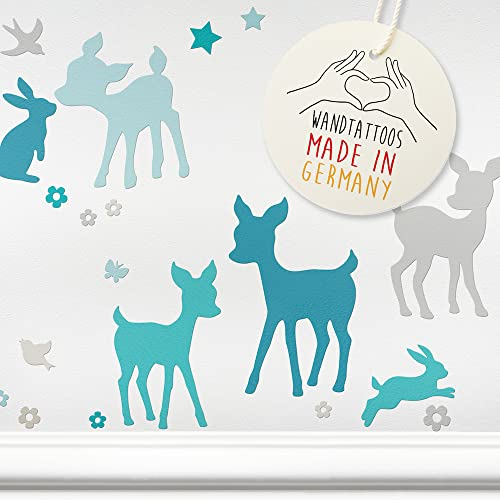 LOVELY LABEL Wandtattoo Kinderzimmer I Made in Germany I Babyzimmer Deko I Kinderzimmer Deko I Design Wandsticker Mädchen & Junge Waldtiere & Sterne I Türkis Beige