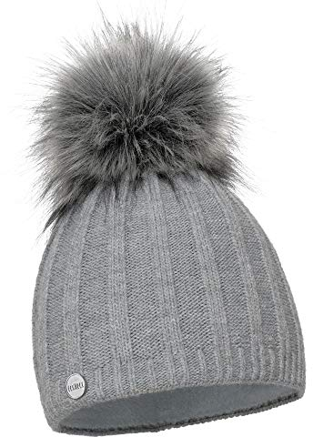 ELIMELI Mütze Damen Winter warme Strickmütze Wollmütze mit Kaschmir Wintermütze mit Kunstfell Bommel Slouch Strick Beanie Damen für Winter Bommelmütze Hergestellt in EU Farbenauswahl (Grau)