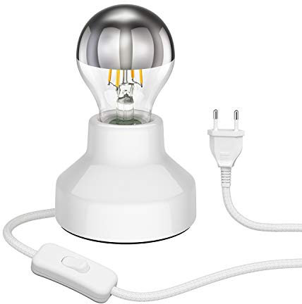 ledscom.de E27 Porzellan Tischlampe TIX, rund mit Stecker und Schalter, weiß, 90mm inkl. E27 Lampe 461lm warmweiß