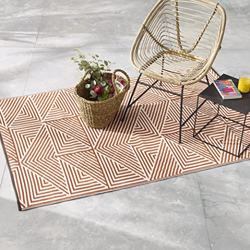 FAB HAB Outdoor-Teppich - wetterfest, farbecht, wendbar - recycelter Premium-Kunststoff - modern geometrisch - Terrasse, Balkon, Garten, Flur, Bad - Läufer Tokyo Rostorange, 90x150 cm