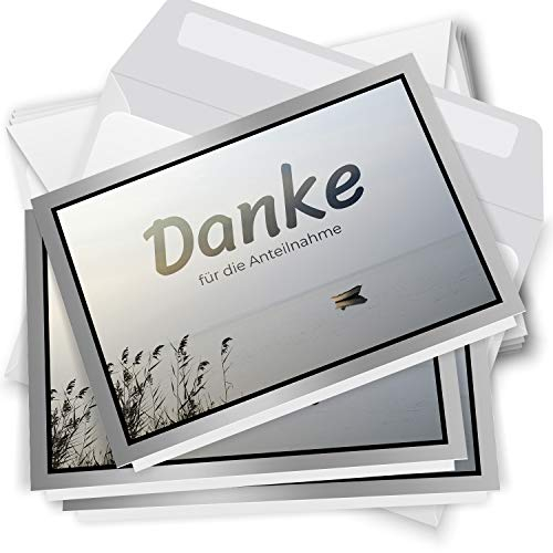 Danksagungskarten Trauer – 10 Klappkarten mit Umschlägen – Motiv: Boot am Steg – Trauerkarten Danksagung mit Text – Dankeskarten Trauer nach Beerdigung